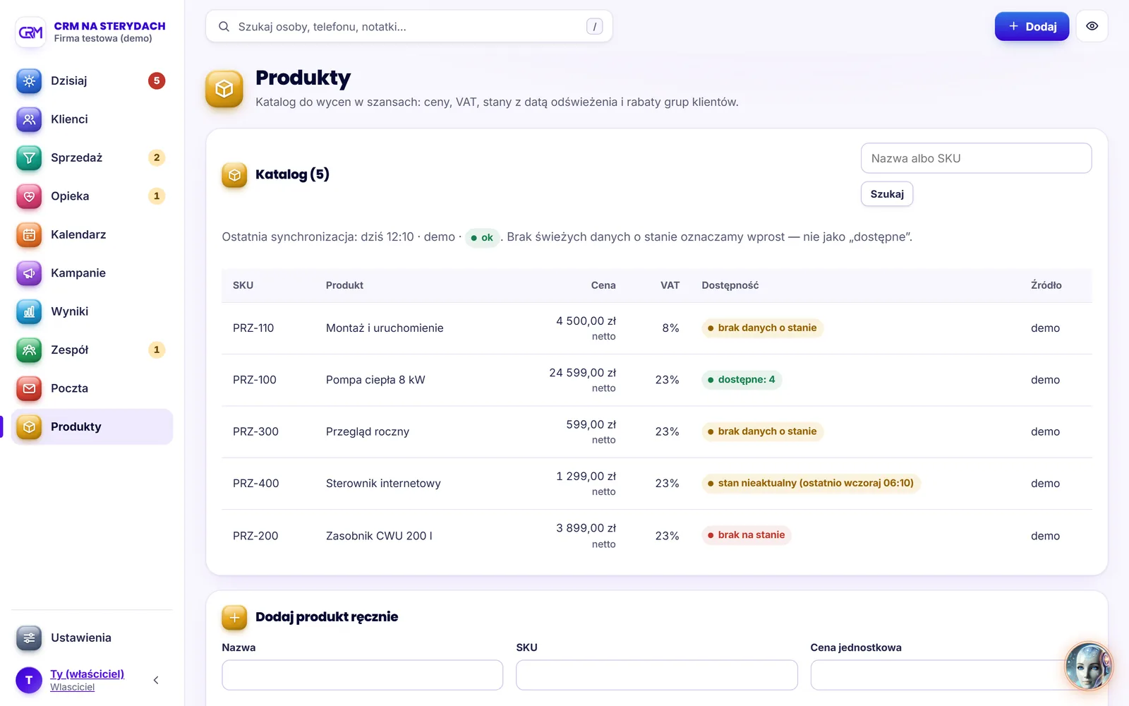 Ekran Produkty w CRM NA STERYDACH: Katalog produktów, ceny i rabaty